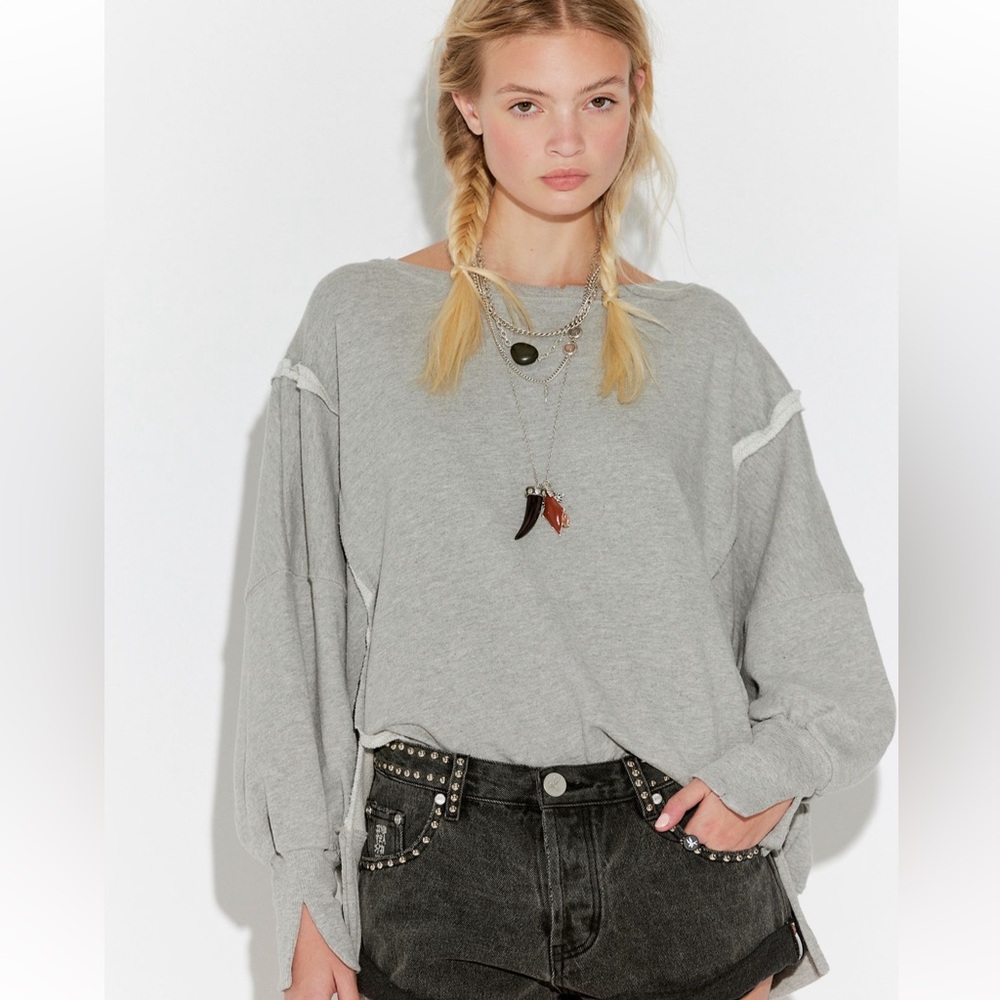 FREE PEOPLE We The Free Camden Oversized Relaxed Fit Grey Pullover Sweatshirt